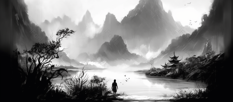 女性在岸边游走中国风抽象水墨画之山水画,插画/手绘图,插画/手绘图库,插画/手绘图下载,插画/手绘